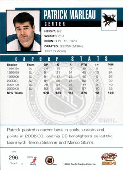 2003-04 Pacific - Red #296 Patrick Marleau Back