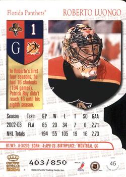 2003-04 Pacific Crown Royale - Blue #45 Roberto Luongo Back