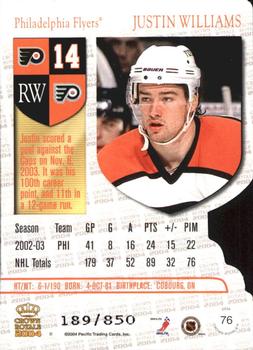 2003-04 Pacific Crown Royale - Blue #76 Justin Williams Back