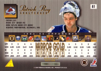 1995-96 Select Certified - Mirror Gold #81 Patrick Roy Back