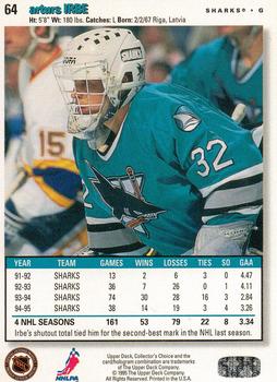 1995-96 Collector's Choice #64 Arturs Irbe Back