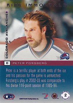 2003-04 Pacific Heads Up - Rink Immortals #2 Peter Forsberg Back