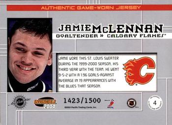 2003-04 Pacific Invincible - Jerseys #4 Jamie McLennan Back