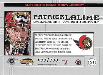 2003-04 Pacific Invincible - Jerseys #21 Patrick Lalime Back