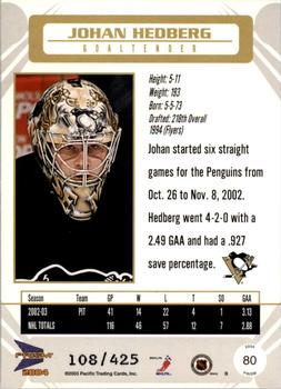 2003-04 Pacific Prism - Gold #80 Johan Hedberg Back
