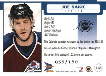 2003-04 Pacific Prism - Retail Jerseys #112 Joe Sakic Back