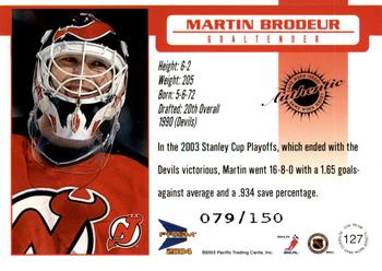 2003-04 Pacific Prism - Retail Jerseys #127 Martin Brodeur Back