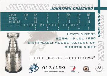 2003-04 Pacific Quest for the Cup - Blue #88 Jonathan Cheechoo Back