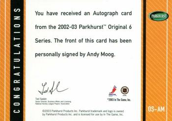 2003-04 Parkhurst Original Six Boston - Autographs #OS-AM Andy Moog Back