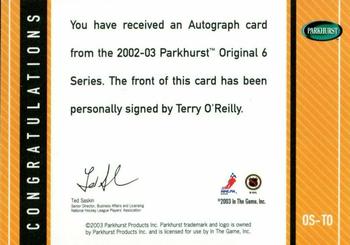2003-04 Parkhurst Original Six Boston - Autographs #OS-TO Terry O'Reilly Back