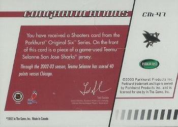 2003-04 Parkhurst Original Six Chicago - Memorabilia #CM-47 Teemu Selanne Back