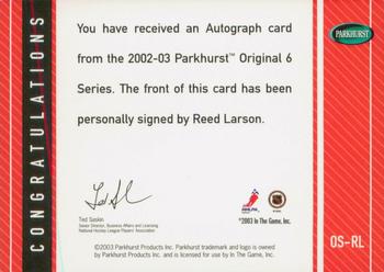 2003-04 Parkhurst Original Six Detroit - Autographs #OS-RL Reed Larson Back