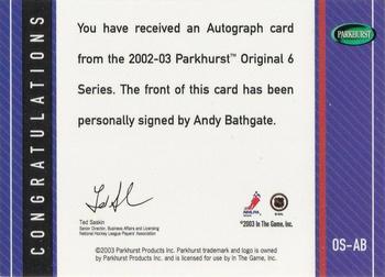 2003-04 Parkhurst Original Six New York - Autographs #OS-AB Andy Bathgate Back