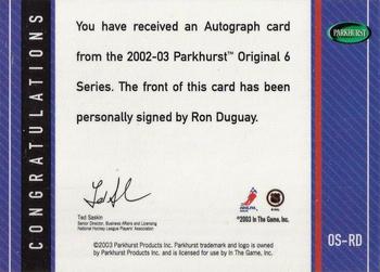 2003-04 Parkhurst Original Six New York - Autographs #OS-RD Ron Duguay Back