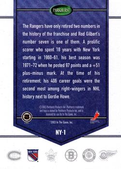2003-04 Parkhurst Original Six New York - Inserts #NY-1 Rod Gilbert Back