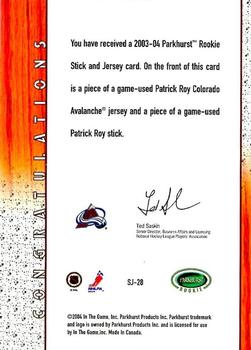 2003-04 Parkhurst Rookie - Stick & Jersey #SJ-28 Patrick Roy Back