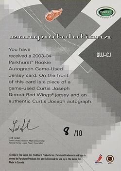 2003-04 Parkhurst Rookie - Game-Used Jersey Autographs #GUJ-CJ Curtis Joseph Back