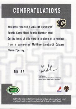2003-04 Parkhurst Rookie - Rookie Numbers #RN-35 Matthew Lombardi Back