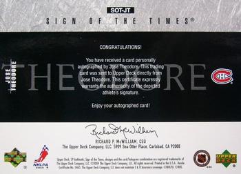 2003-04 SP Authentic - Sign of the Times #SOT-JT Jose Theodore Back