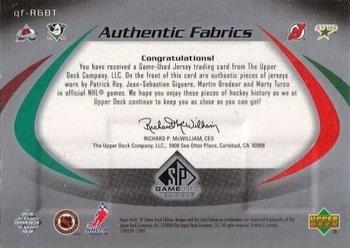 2003-04 SP Game Used - Authentic Fabrics #QF-RGBT Patrick Roy / Jean-Sebastien Giguere / Martin Brodeur / Marty Turco Back