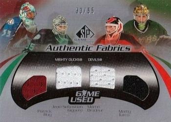 2003-04 SP Game Used - Authentic Fabrics #QF-RGBT Patrick Roy / Jean-Sebastien Giguere / Martin Brodeur / Marty Turco Front