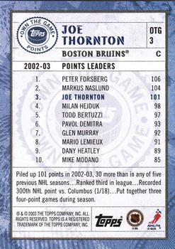 2003-04 Topps - Own the Game #OTG3 Joe Thornton Back