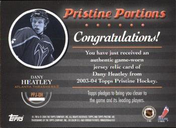 2003-04 Topps Pristine - Pristine Portions Jersey #PPJ-DH Dany Heatley Back