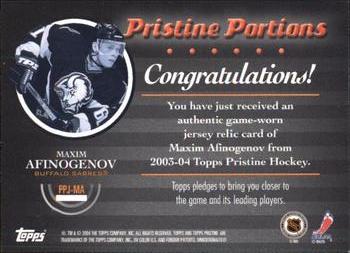 2003-04 Topps Pristine - Pristine Portions Jersey #PPJ-MA Maxim Afinogenov Back