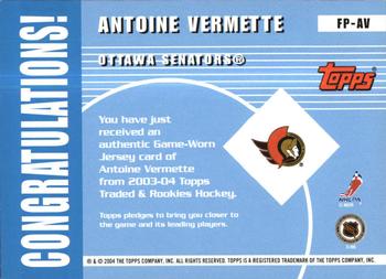 2003-04 Topps Traded & Rookies - Future Phenoms #FP-AV Antoine Vermette Back