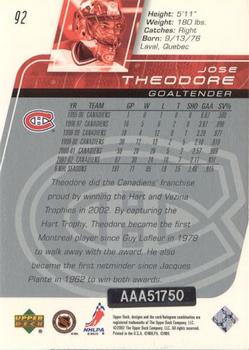 2003-04 Upper Deck - Buyback Autographs #92 Jose Theodore Back