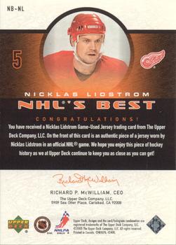2003-04 Upper Deck - NHL's Best Jerseys #NB-NL Nicklas Lidstrom Back