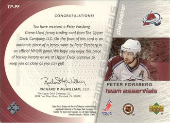 2003-04 Upper Deck - Team Essentials #TP-PF Peter Forsberg Back