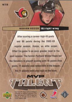 2003-04 Upper Deck MVP - MVP Talent #MT8 Marian Hossa Back