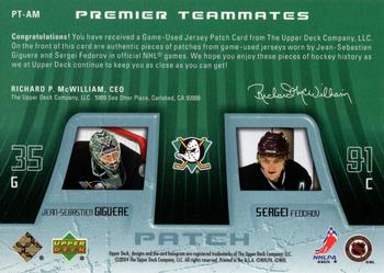 2003-04 Upper Deck Premier Collection - Premier Teammates Patches #PT-AM Jean-Sebastien Giguere / Sergei Fedorov Back