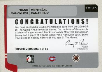 2004-05 In The Game Franchises Canadian - Double Memorabilia #DM-15 Frank Mahovlich Back