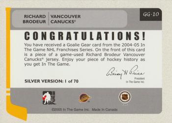 2004-05 In The Game Franchises Canadian - Goalie Gear #GG-10 Richard Brodeur Back