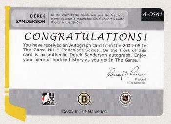 2004-05 In The Game Franchises US East - Autographs #A-DSA1 Derek Sanderson Back