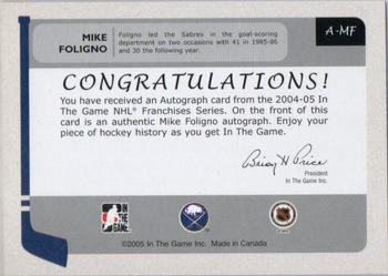 2004-05 In The Game Franchises US East - Autographs #A-MF Mike Foligno Back