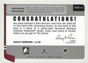 2004-05 In The Game Franchises US West - Barn Burners Gold #WBB-03 Ray Bourque Back