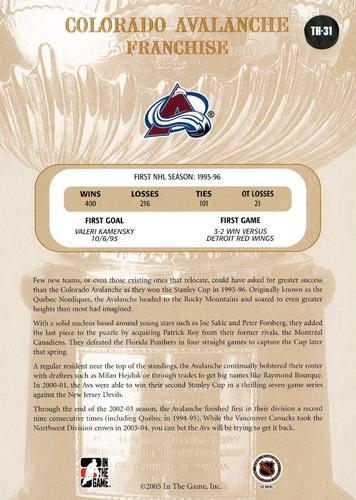 2004-05 In The Game Franchises US West - Team History #TH-31 Colorado Avalanche Back
