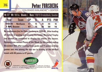 1995-96 Parkhurst International #316 Peter Forsberg Back