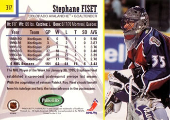 1995-96 Parkhurst International #317 Stephane Fiset Back