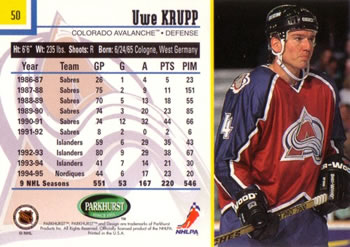 1995-96 Parkhurst International #50 Uwe Krupp Back