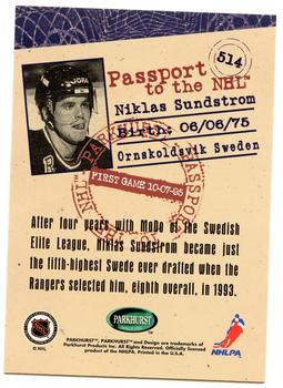 1995-96 Parkhurst International #514 Niklas Sundstrom Back