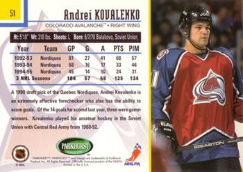 1995-96 Parkhurst International #51 Andrei Kovalenko Back