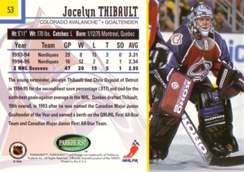 1995-96 Parkhurst International #53 Jocelyn Thibault Back