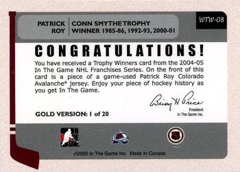 2004-05 In The Game Franchises US West - Trophy Winners Gold #WTW-08 Patrick Roy Back