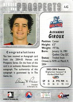 2004-05 In The Game Heroes and Prospects - Autographs #A-AG Alexandre Giroux Back