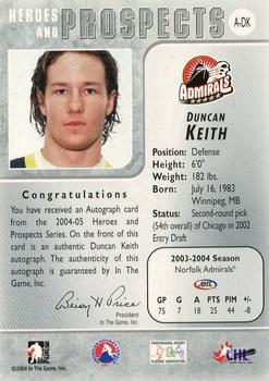 2004-05 In The Game Heroes and Prospects - Autographs #A-DK Duncan Keith Back