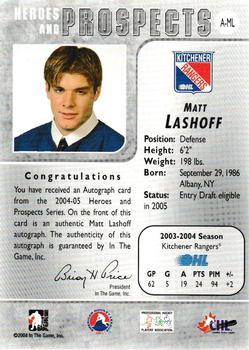 2004-05 In The Game Heroes and Prospects - Autographs #A-ML Matt Lashoff Back